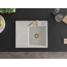Mexen Ben chiuvetă de granit cu 1 compartiment și scurgător pe dreapta 600 x 500 mm, alb, sifon auriu - 6523605000-20-G