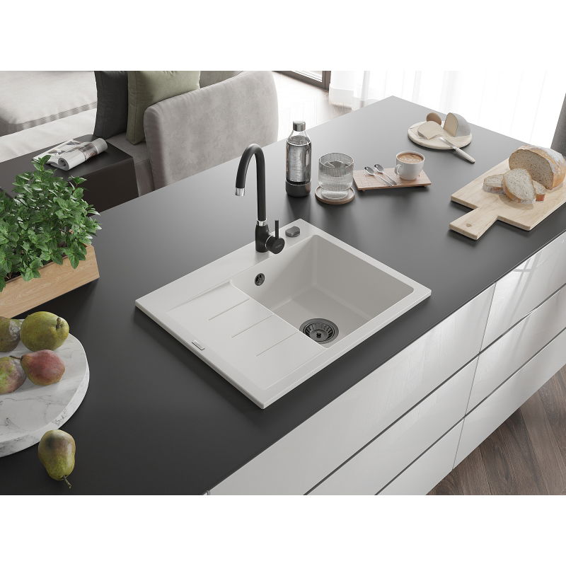 Mexen Ben chiuvetă de granit cu 1 cuvă și scurgător, dreapta 600 x 500 mm, albă, sifon negru - 6523605000-20-B