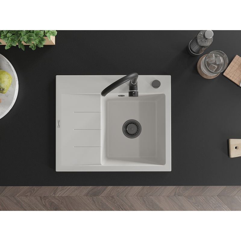 Mexen Ben 1 rekeszes, csepegtetős gránit mosogató, jobb oldali 600 x 500 mm, fehér, fekete szifonnal - 6523605000-20-B