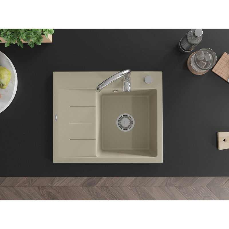 Mexen Ben gránit mosogató 1-medencés csepegtetővel, jobb, 600 x 500 mm, bézs, króm szifon - 6523605000-69