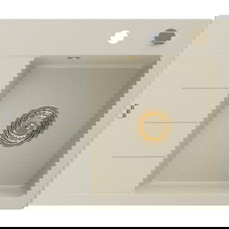 Mexen Ben chiuvetă de bucătărie din granit 1-cameră cu scurgător dreapta 600 x 500 mm, bej, sifon auriu - 6523605000-69-G