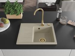 Mexen Ben chiuvetă de bucătărie din granit 1-cameră cu scurgător dreapta 600 x 500 mm, bej, sifon auriu - 6523605000-69-G