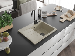 Mexen Ben chiuvetă de granit cu 1 compartiment și picurător dreapta 600 x 500 mm, bej, sifon negru - 6523605000-69-B