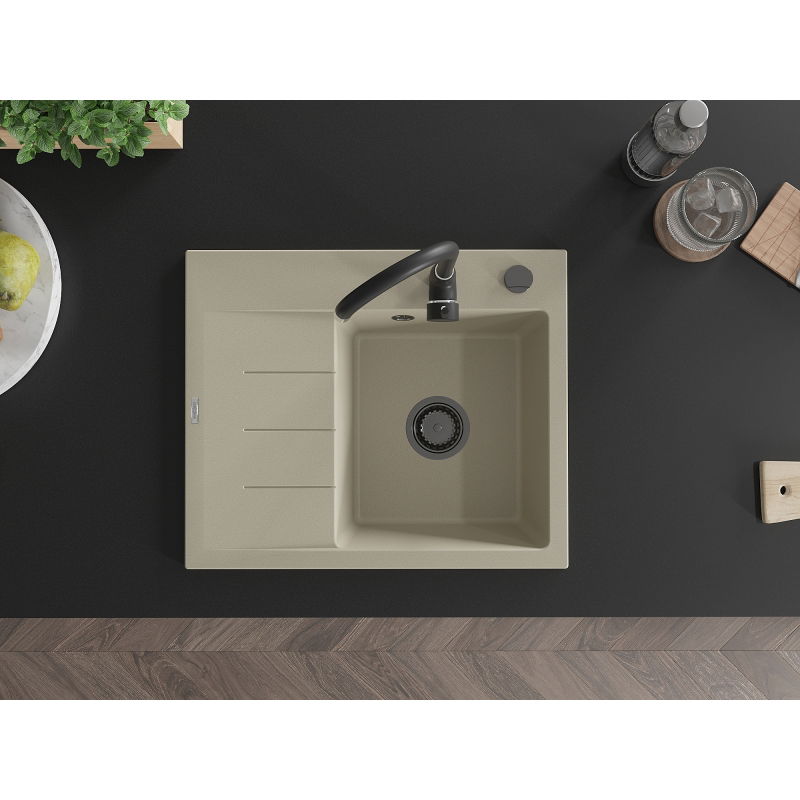 Mexen Ben chiuvetă de bucătărie din granit cu 1 compartiment și picurător, dreapta 600 x 500 mm, bej, sifon negru