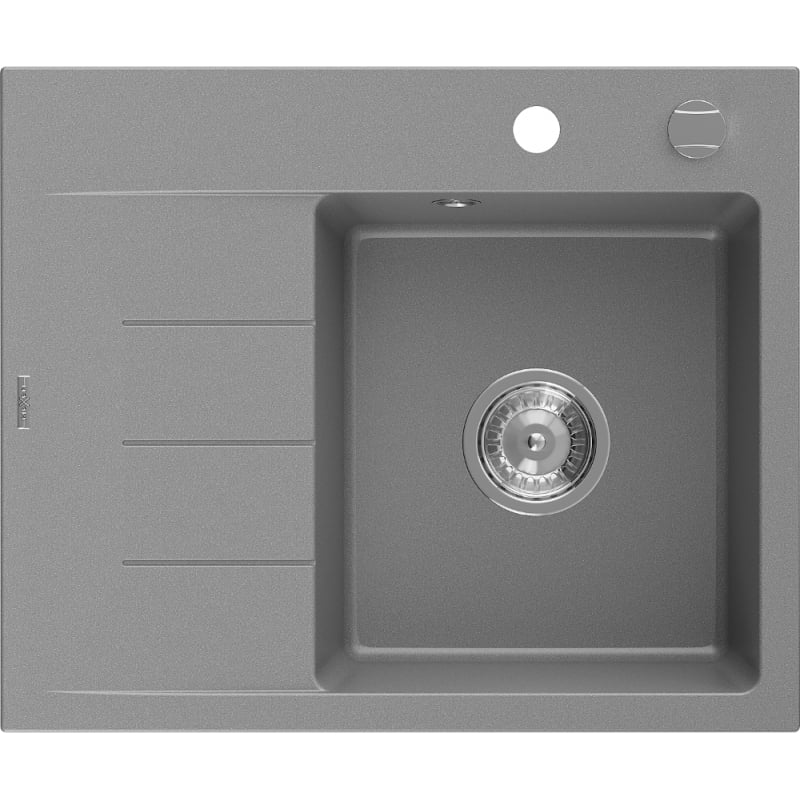 Mexen Ben chiuvetă de granit cu 1 cuvă și scurgător, dreapta 600 x 500 mm, gri, sifon crom - 6523605000-71