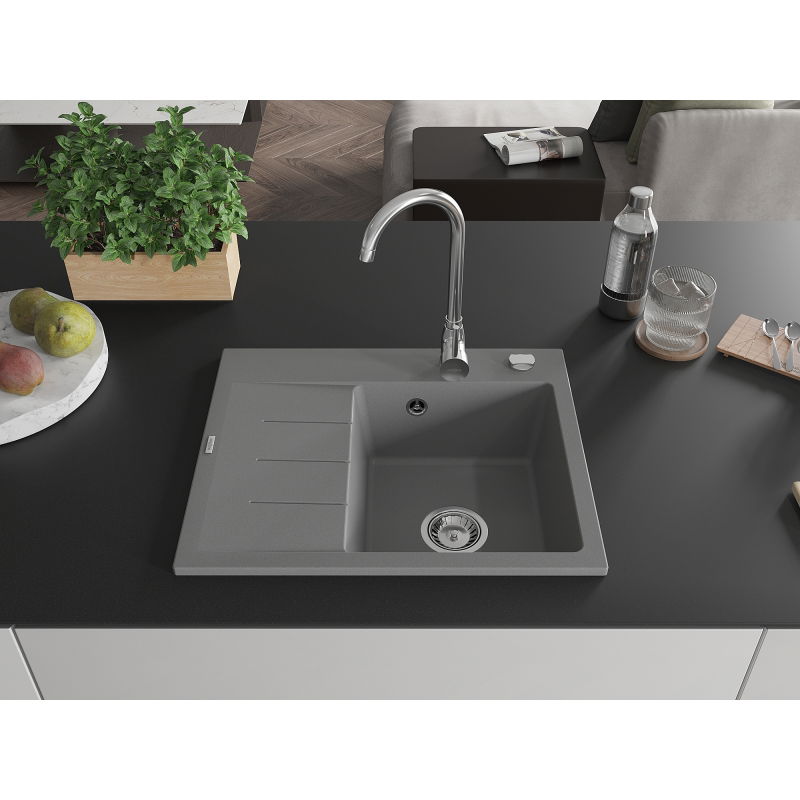 Mexen Ben chiuvetă de granit cu 1 cuvă și scurgător, dreapta 600 x 500 mm, gri, sifon crom - 6523605000-71