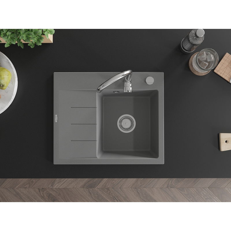 Mexen Ben chiuvetă de granit cu 1 cuvă și scurgător, dreapta 600 x 500 mm, gri, sifon crom - 6523605000-71