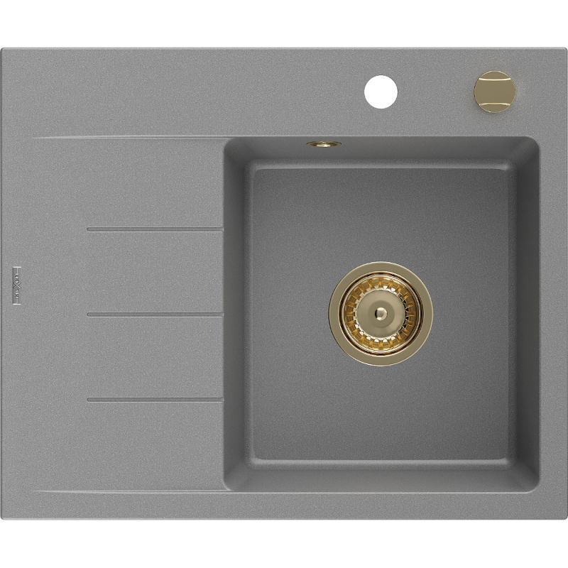 Mexen Ben chiuvetă de granit cu 1 compartiment și picurător, dreapta 600 x 500 mm, gri, sifon auriu - 6523605000-71-G