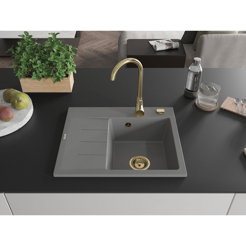 Mexen Ben chiuvetă de granit cu 1 compartiment și picurător, dreapta 600 x 500 mm, gri, sifon auriu - 6523605000-71-G