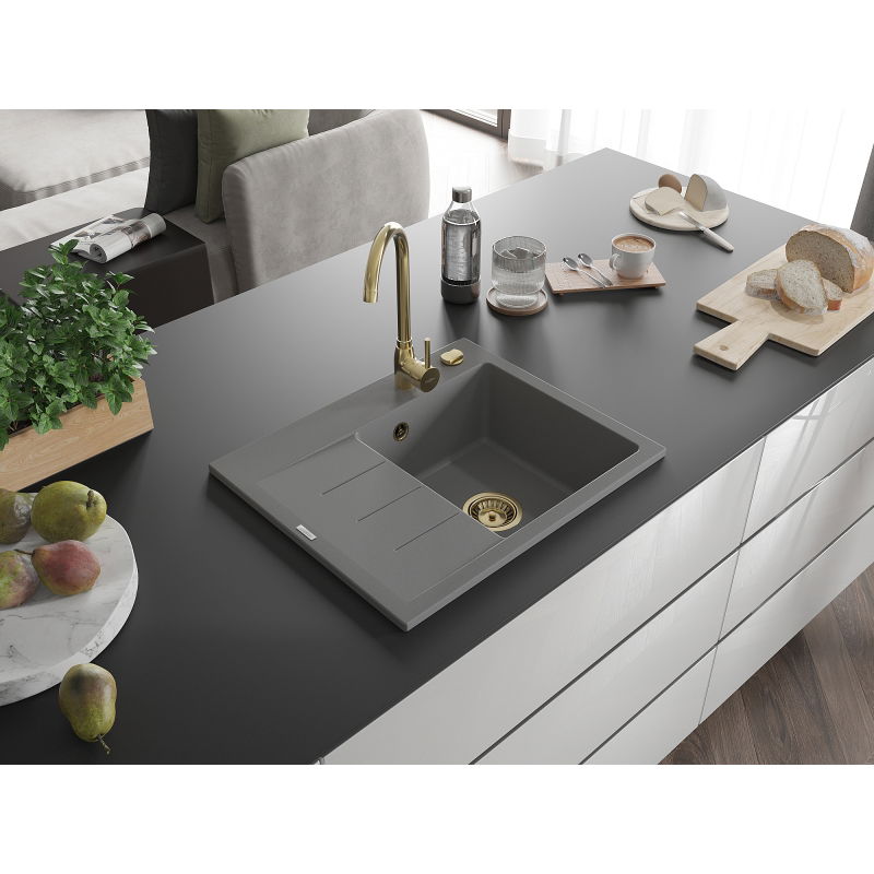 Mexen Ben gránit mosogató 1-medencés csepegtetővel, jobb oldali 600 x 500 mm, szürke, arany szifon - 6523605000-71-G