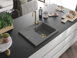 Mexen Ben chiuvetă de granit cu 1 compartiment și picurător, dreapta 600 x 500 mm, gri, sifon auriu - 6523605000-71-G