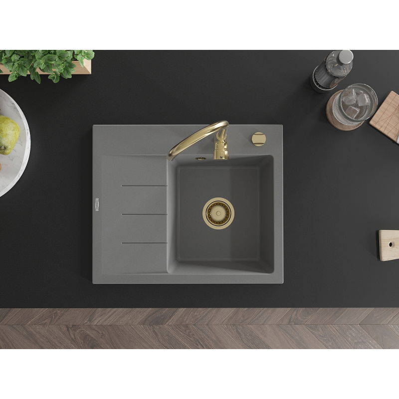 Mexen Ben chiuvetă de granit cu 1 compartiment și picurător, dreapta 600 x 500 mm, gri, sifon auriu - 6523605000-71-G