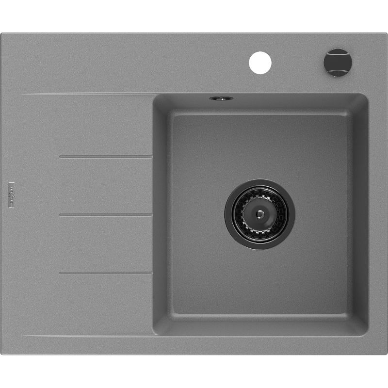 Mexen Ben gránit mosogató egykamrás csepegtetővel, jobb oldali 600 x 500 mm, szürke, fekete szifon - 6523605000-71-B