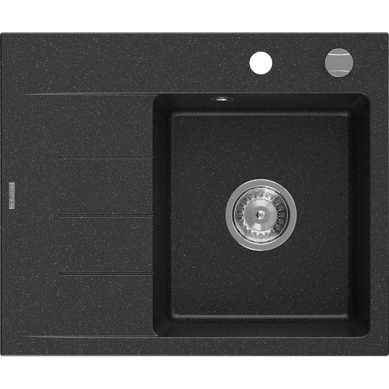 Mexen Ben chiuvetă granitică cu 1 cuvă și picurător dreapta 600 x 500 mm, negru/argintiu metalic, sifon cromat - 6523605000-73