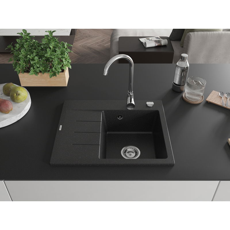 Mexen Ben gránit mosogatómedence 1 rekeszes csepegtetővel, jobb oldali, 600 x 500 mm, fekete/ezüst metál, króm szifon