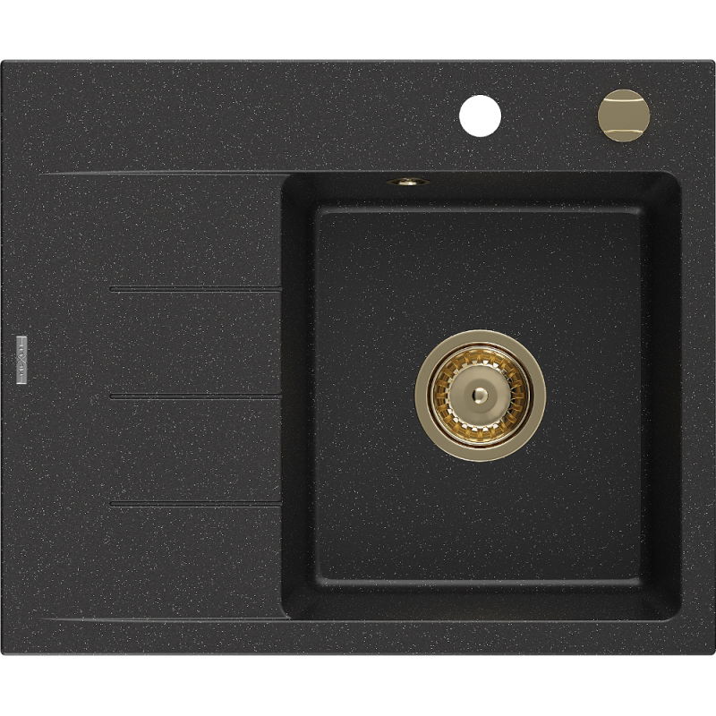 Mexen Ben chiuvetă de granit 1-cameră cu scurgător dreapta 600 x 500 mm negru/argintiu metalic, sifon auriu - 6523605000-73-G