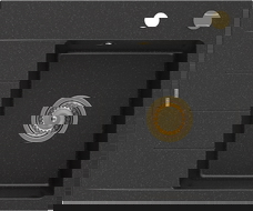 Mexen Ben Gránit mosogató, jobbos, 1-medencés, csepegtetővel, 600 x 500 mm fekete/ezüst metál arany szifonnal