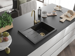 Mexen Ben chiuvetă de granit cu 1 compartiment cu scurgător, dreapta 600 x 500 mm negru/argintiu metalic sifon auriu