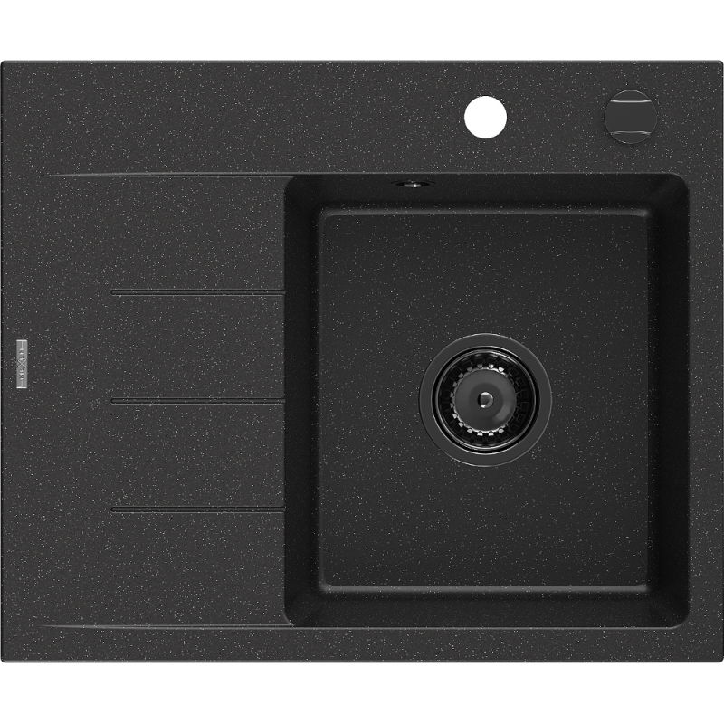 Mexen Ben gránit mosogató 1-medencés csepegtetővel, jobb 600x500 mm, fekete/ezüst metál fekete szifonnal - 6523605000-73-B