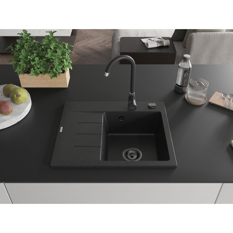 Mexen Ben gránit mosogató 1-medencés csepegtetővel, jobb 600x500 mm, fekete/ezüst metál fekete szifonnal - 6523605000-73-B