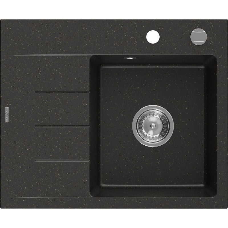 Mexen Ben chiuvetă granit 1-camerală cu scurgător dreapta 600 x 500 mm, negru/auriu metalizat, sifon cromat - 6523605000-75