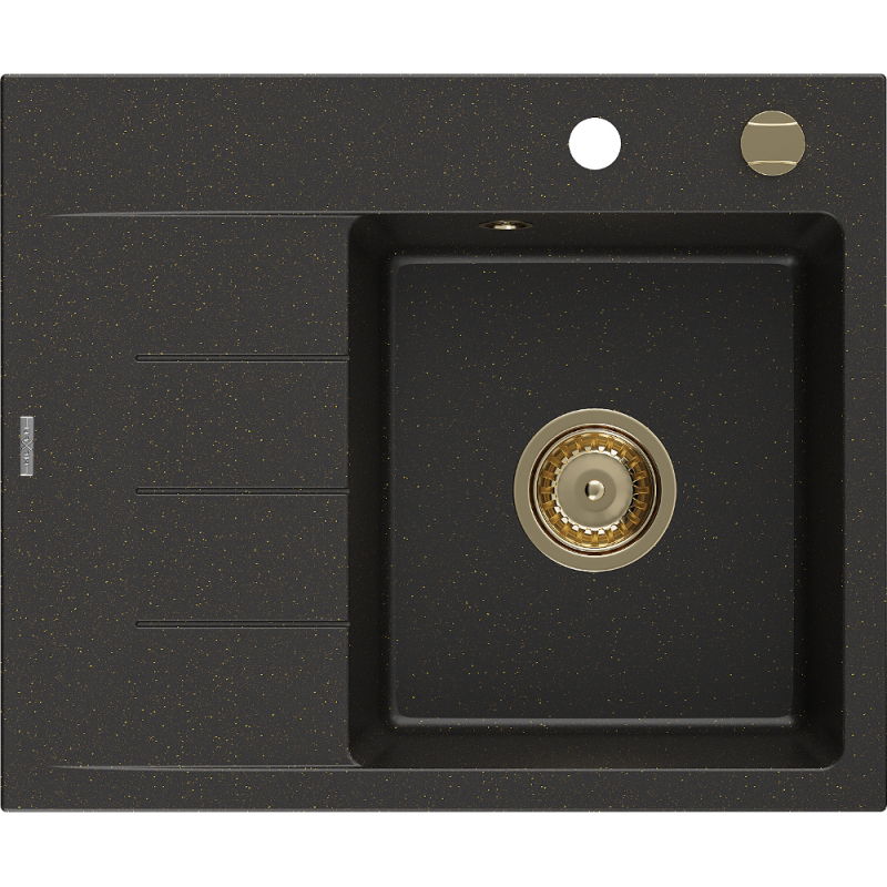 Mexen Ben gránit egykamrás mosogató csepegtetővel, jobb oldali 600 x 500 mm, fekete/arany metál, arany szifon