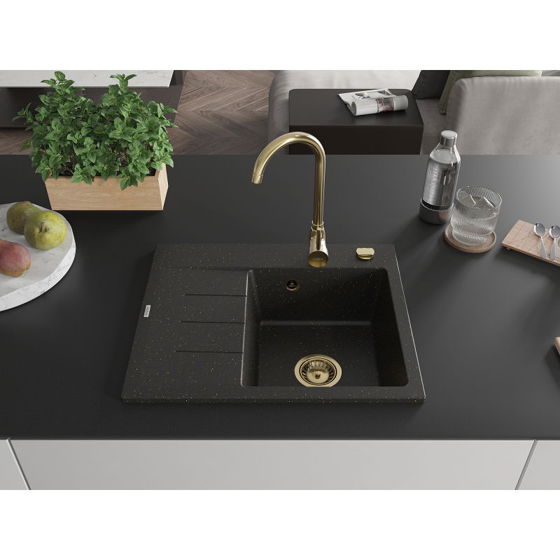 Mexen Ben gránit egykamrás mosogató csepegtetővel, jobb oldali 600 x 500 mm, fekete/arany metál, arany szifon