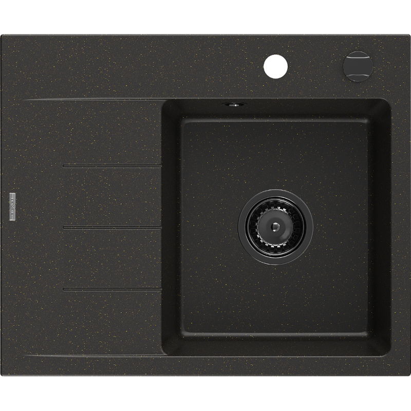 Mexen Ben chiuvetă granit 1 compartiment cu scurgător dreapta 600 x 500 mm, negru/auriu metalic, sifon negru - 6523605000-75-B