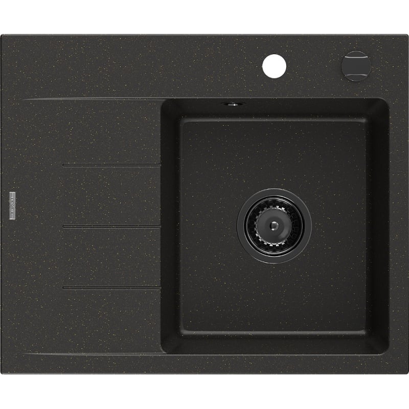 Mexen Ben gránit mosogató 1-medencés csepegtetővel, jobb oldali, 600 x 500 mm, fekete/arany metál fekete szifon