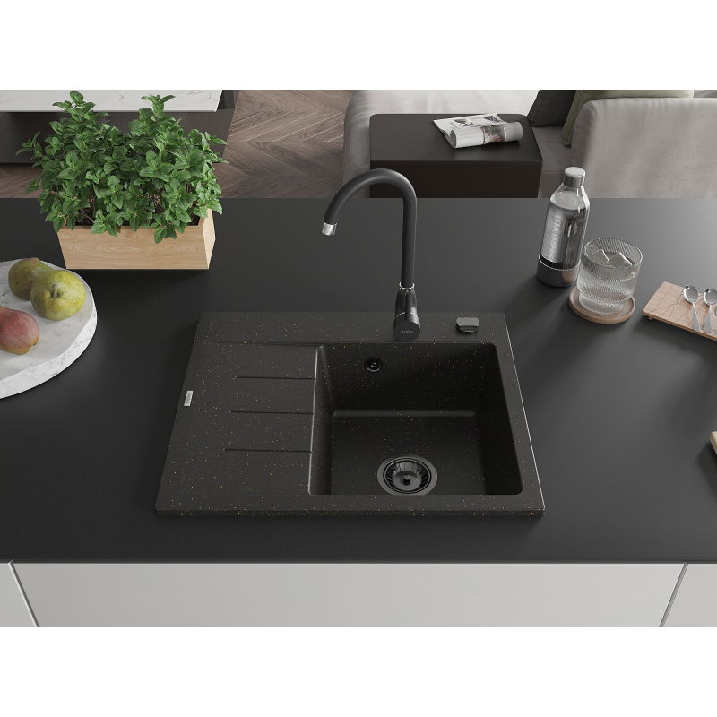 Mexen Ben chiuvetă de granit cu 1 compartiment și picurător, dreapta 600 x 500 mm, negru/auriu metalizat sifon negru