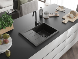 Mexen Ben chiuvetă granit 1 compartiment cu scurgător dreapta 600 x 500 mm, negru/auriu metalic, sifon negru - 6523605000-75-B