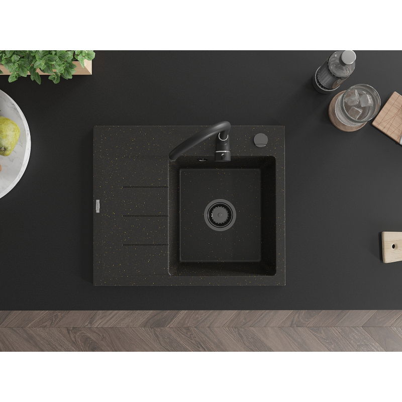Mexen Ben gránit mosogató 1-medencés csepegtetővel, jobb oldali, 600 x 500 mm, fekete/arany metál fekete szifon