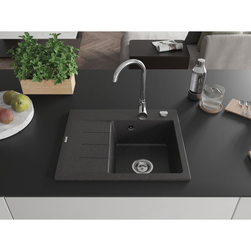 Mexen Ben chiuvetă de granit cu 1 compartiment și scurgător, dreaptă 600 x 500 mm, negru cu stropi, sifon cromat