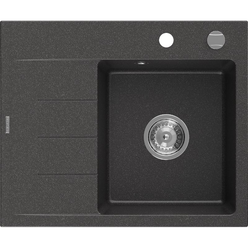 Mexen Ben chiuvetă de granit cu 1 compartiment și scurgător, dreaptă 600 x 500 mm, negru cu stropi, sifon cromat