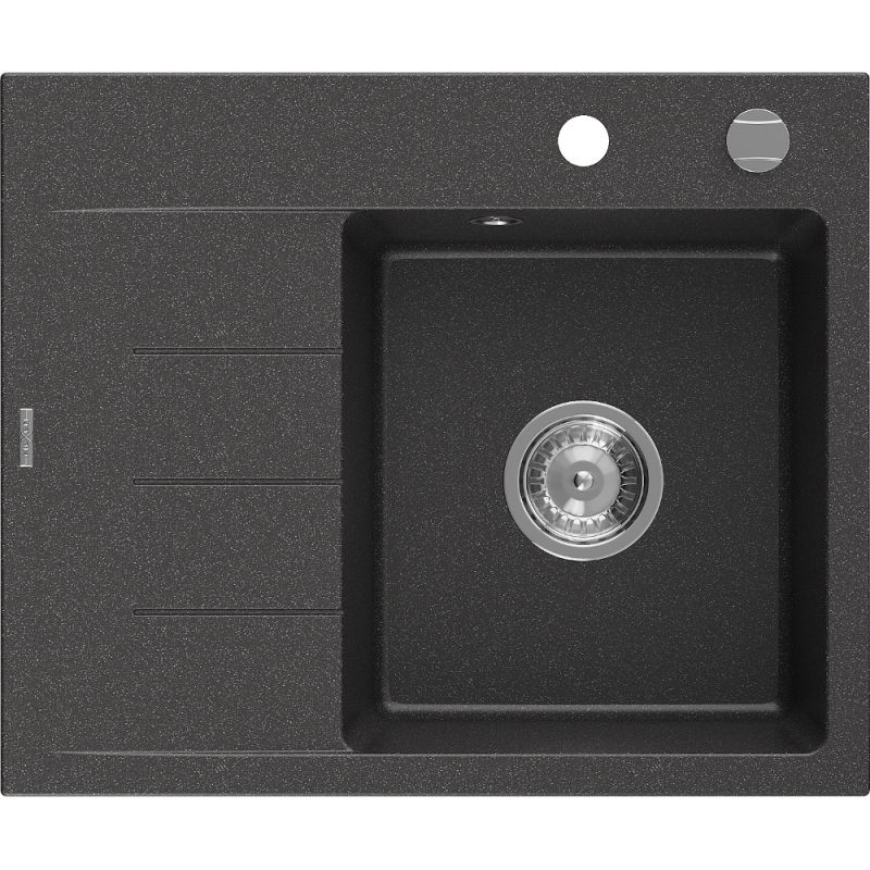 Mexen Ben gránit mosogató 1 medencés csepegtetővel, jobb oldali 600 x 500 mm, fekete pettyes, króm szifon - 6523605000-76