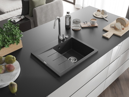 Mexen Ben chiuvetă de granit cu 1 cuvă și scurgător dreapta 600 x 500 mm, negru punctat, sifon crom - 6523605000-76