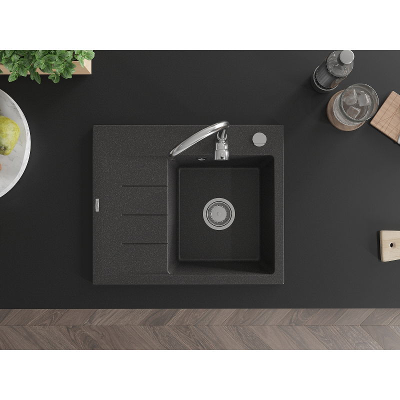Mexen Ben chiuvetă de granit cu 1 compartiment și scurgător, dreaptă 600 x 500 mm, negru cu stropi, sifon cromat