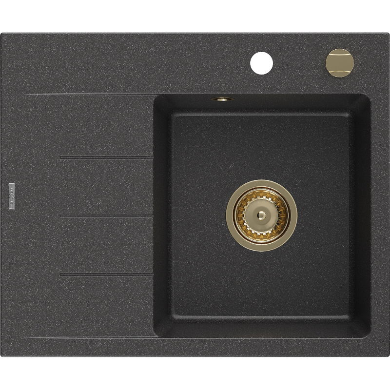 Mexen Ben chiuvetă de granit cu 1 compartiment și scurgător, dreapta 600 x 500 mm, negru pătat, sifon auriu