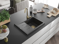 Mexen Ben chiuvetă granit 1 compartiment cu scurgător dreapta 600 x 500 mm, negru presărat, sifon auriu - 6523605000-76-G