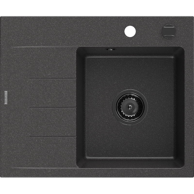 Mexen Ben gránit mosogató 1 medencés csepegtetővel, jobb oldali, 600 x 500 mm, fekete pöttyös, fekete szifonnal
