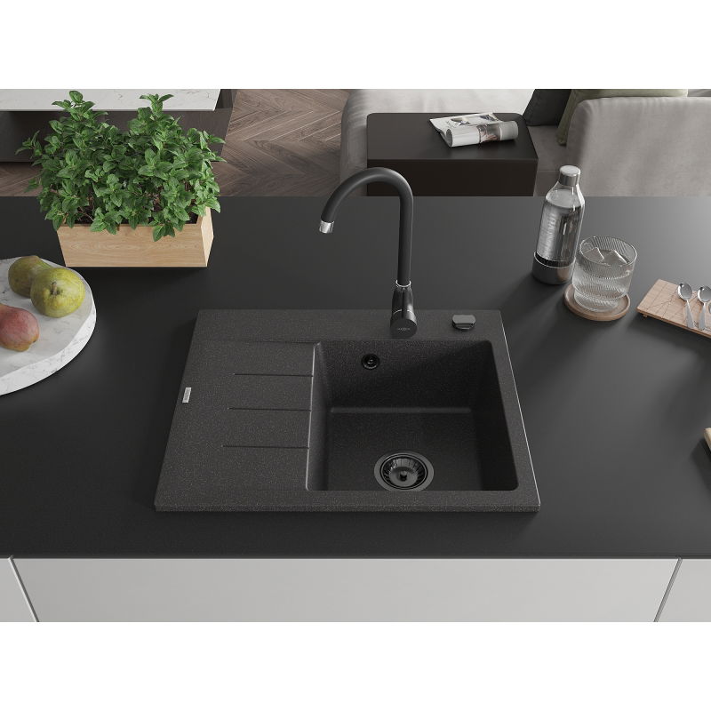 Mexen Ben chiuvetă din granit cu 1 cuvă cu scurgător, dreapta 600 x 500 mm, neagră pistruiată, sifon negru
