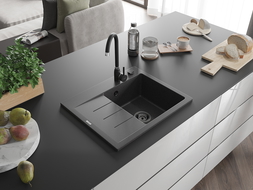 Mexen Ben chiuvetă de bucătărie din granit 1-cu scurgător dreapta 600 x 500 mm, negru pătat, sifon negru - 6523605000-76-B