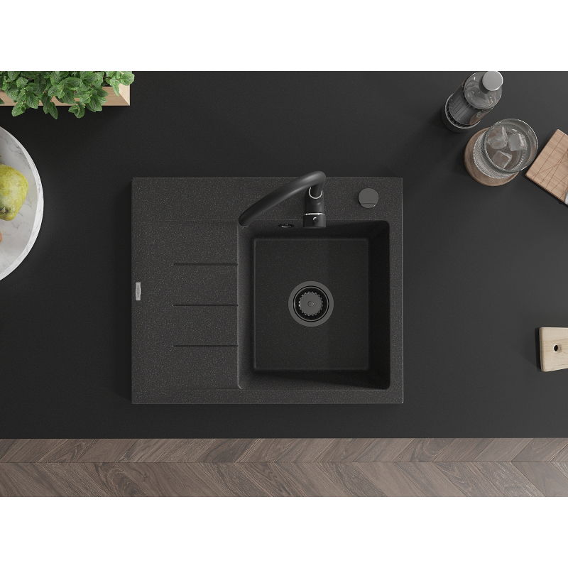 Mexen Ben gránit mosogató 1 medencés csepegtetővel, jobb oldali, 600 x 500 mm, fekete pöttyös, fekete szifonnal