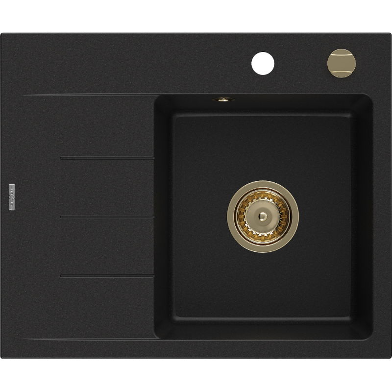 Mexen Ben gránit mosogató 1 rekeszes, csepegtetőtálcás, jobb oldali 600 x 500 mm, fekete, arany szifon - 6523605000-77-G