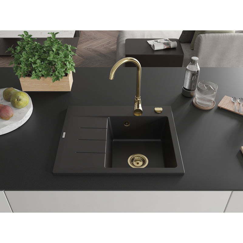 Mexen Ben chiuvetă de granit cu 1 compartiment cu scurgător, dreapta 600 x 500 mm, negru, sifon auriu - 6523605000-77-G