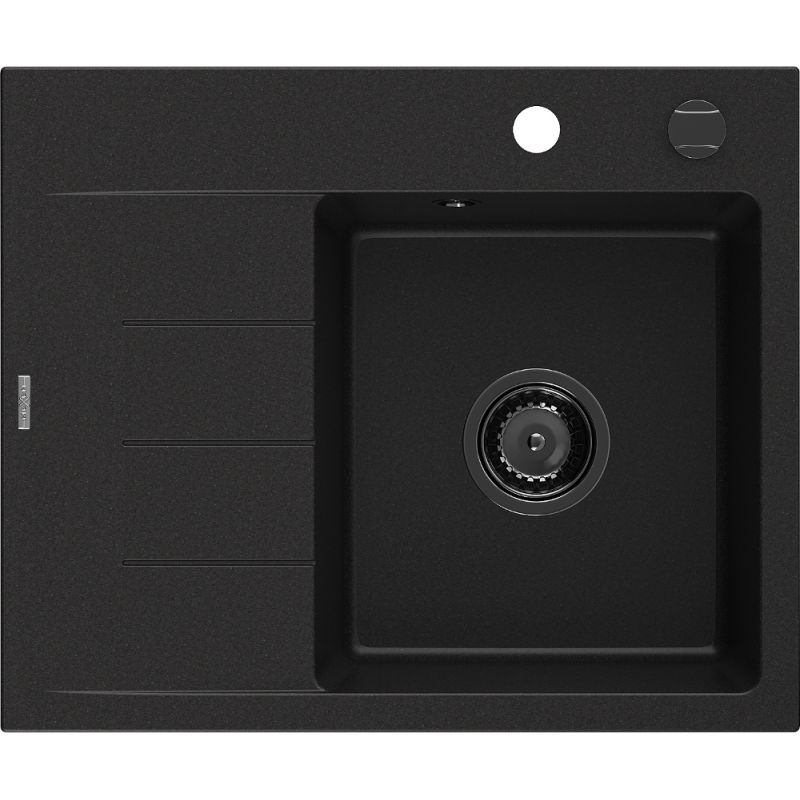 Mexen Ben chiuvetă din granit cu 1 compartiment și scurgător, dreaptă 600 x 500 mm, neagră, sifon negru - 6523605000-77-B