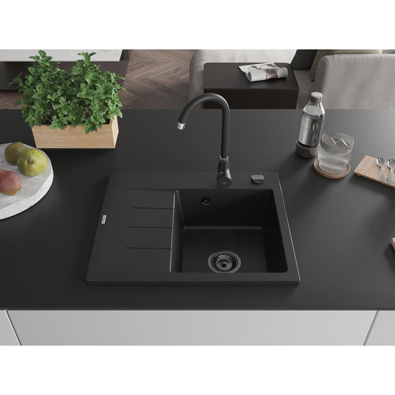 Mexen Ben chiuvetă din granit cu 1 compartiment și scurgător, dreaptă 600 x 500 mm, neagră, sifon negru - 6523605000-77-B