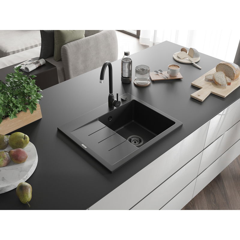 Mexen Ben gránit mosogató 1-medencés csepegtetővel, jobbos 600 x 500 mm, fekete, fekete szifon - 6523605000-77-B