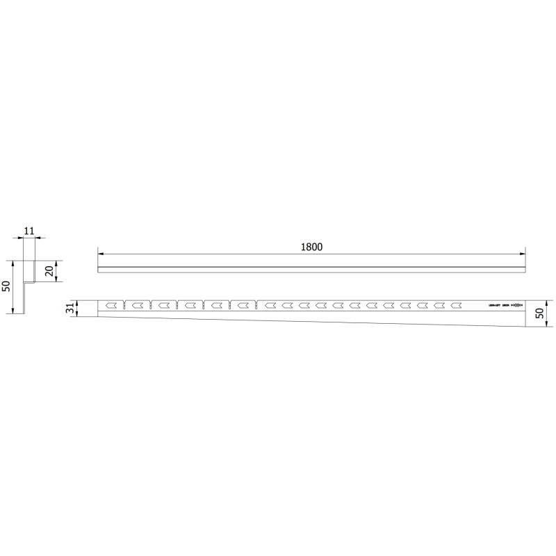 Mexen Line-B plintă înclinată de perete 180 cm stânga, inox - 181002180L