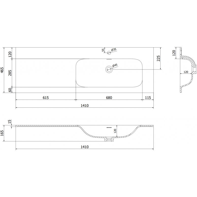 Mexen Vela süllyesztett mosdókagyló jobb 141 x 46,5 cm, fehér matt - 25231401P